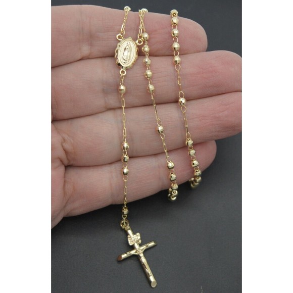 10k Solid Yellow Gold Rosary virgin Mary Jesus Cross Necklace 24 6.2 gr - Picture 2 of 4
